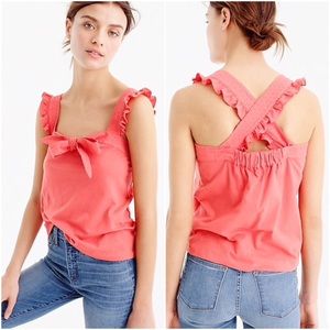 J. CREW Coral Pebbled Trim Bow Tank Top LARGE Ruffle Square Neck NWT Cute Kawaii
